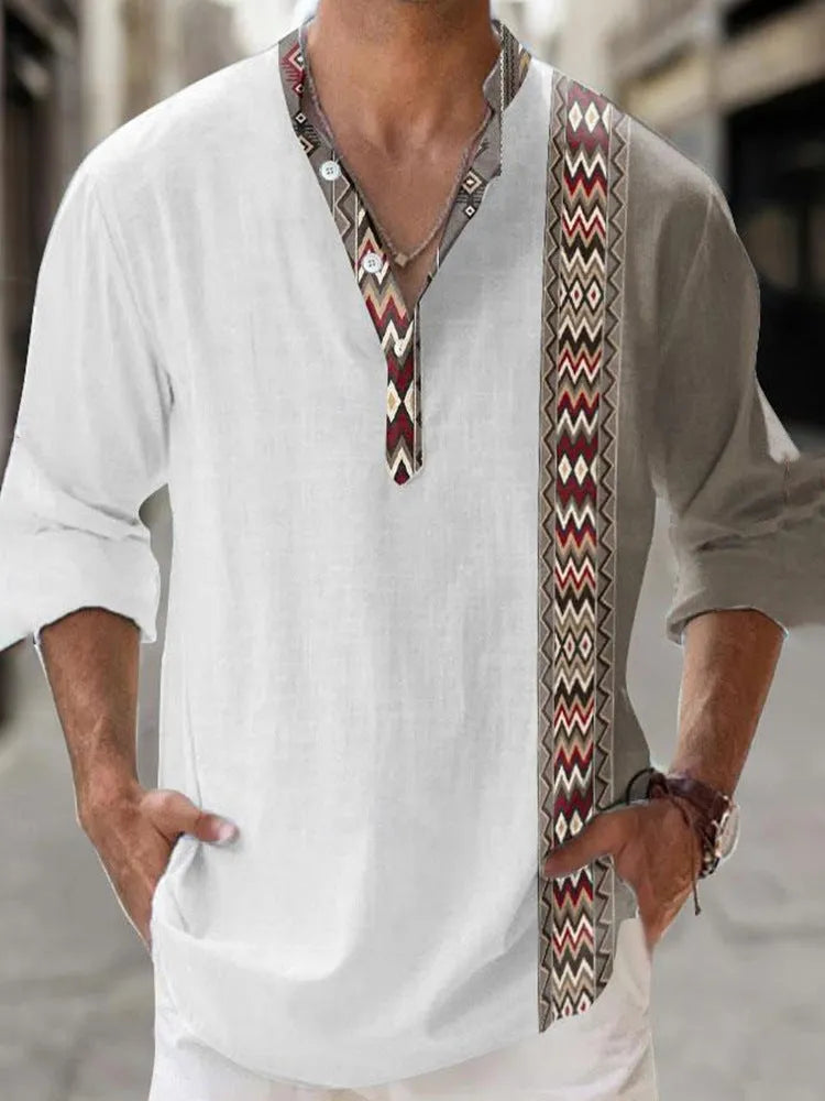 Men's long sleeve casual shirt with Hawaiian-inspired digital stripe print on thin polyester fabric.