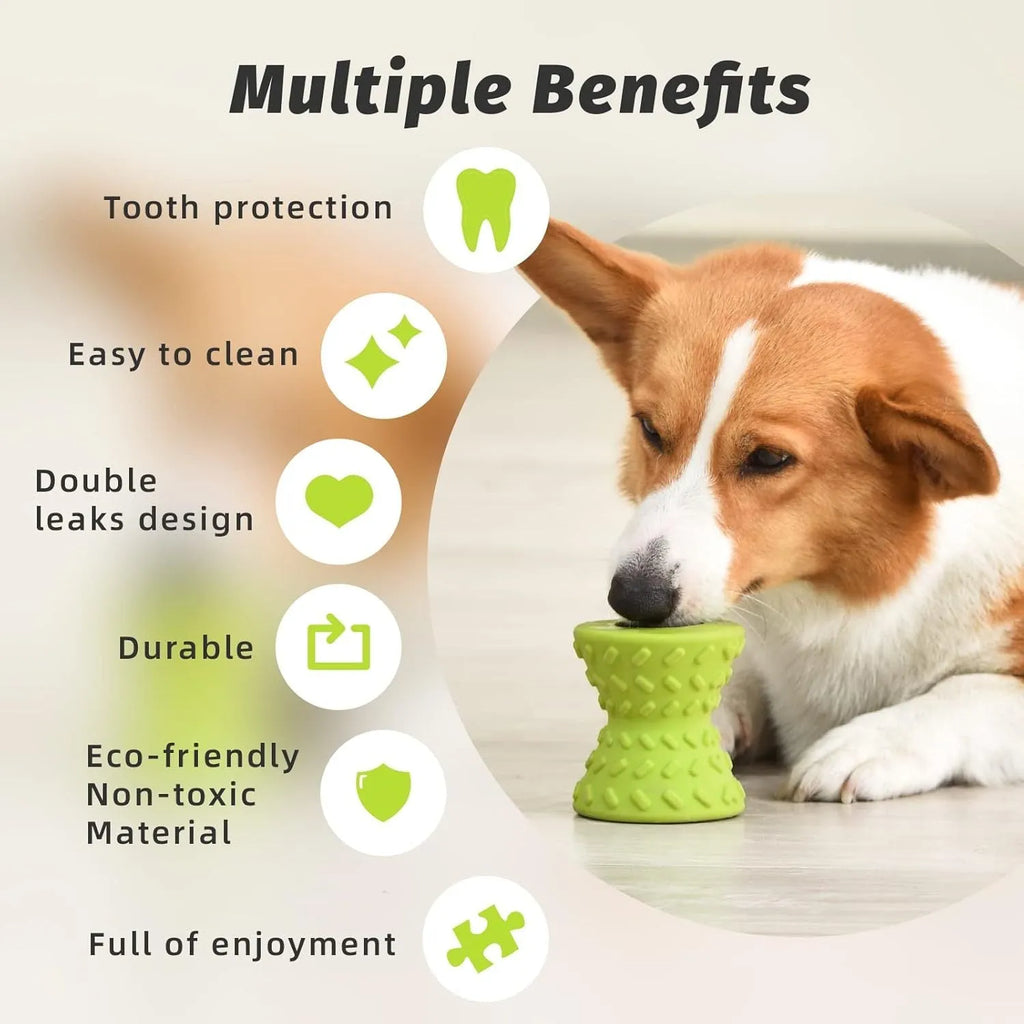 Blue natural rubber hollow dog chew toy with treat dispensing holes.