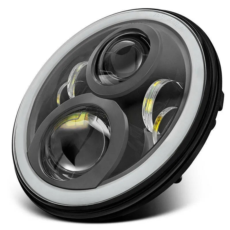 7 inch round LED headlight with angel eyes, black die-cast aluminium housing, polycarbonate lens, 6500K colour temperature
