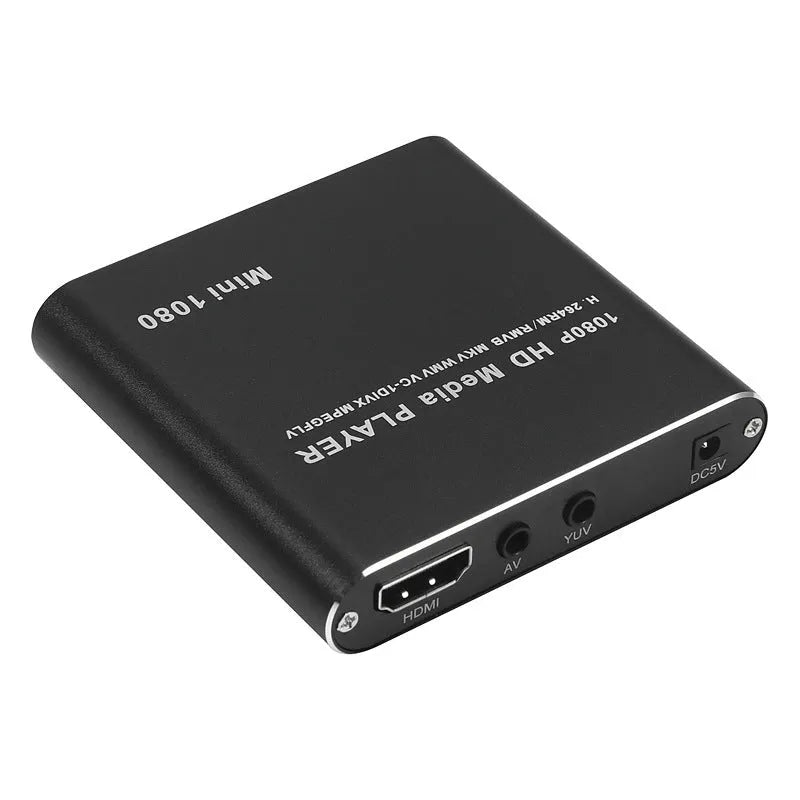 Blue or black 1080p HD media player with SD card and USB ports for video playback