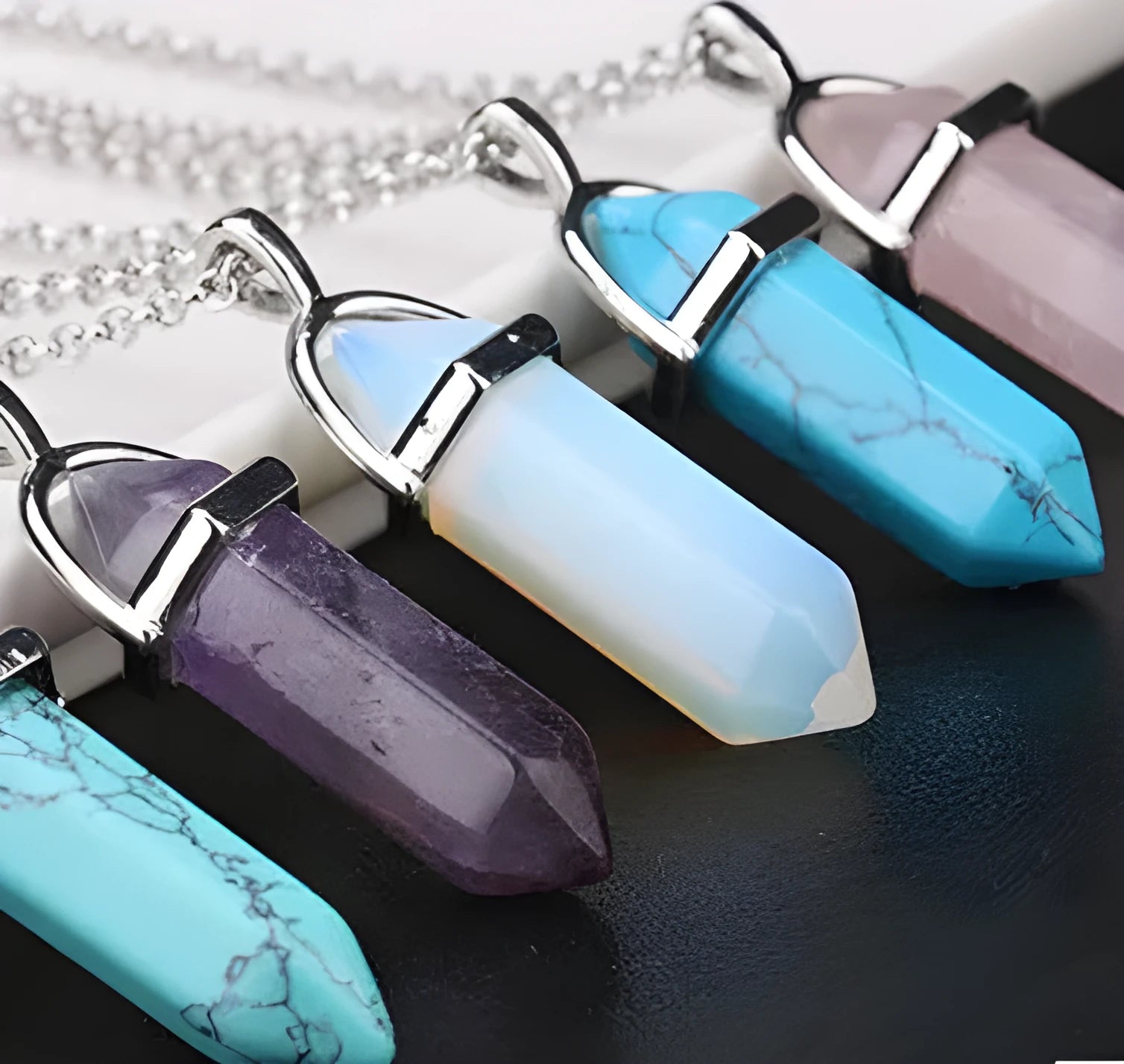Crystal necklace with six corner column pendant in alloy and natural stone with iron chain