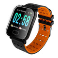 A6 smart fitness tracker with colour screen and blue silicone strap on a wrist