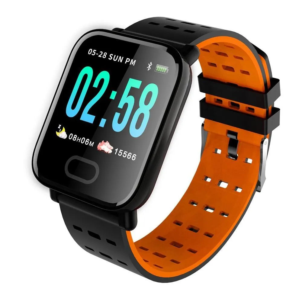 A6 smart fitness tracker with colour screen and blue silicone strap on a wrist
