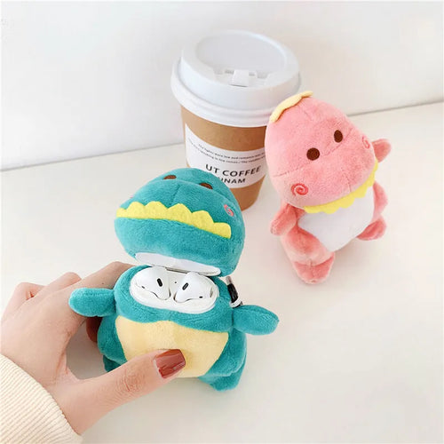 Cartoon plush dinosaur headphone protective case for AirPods 1 and 2 in green, flip type