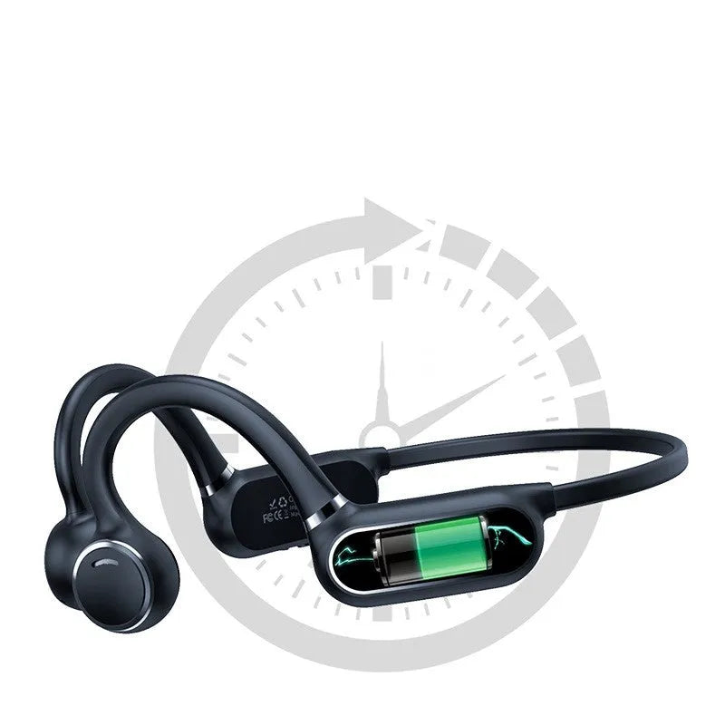 Black air conduction wireless earphone with titanium frame shown bent around a pair of glasses.