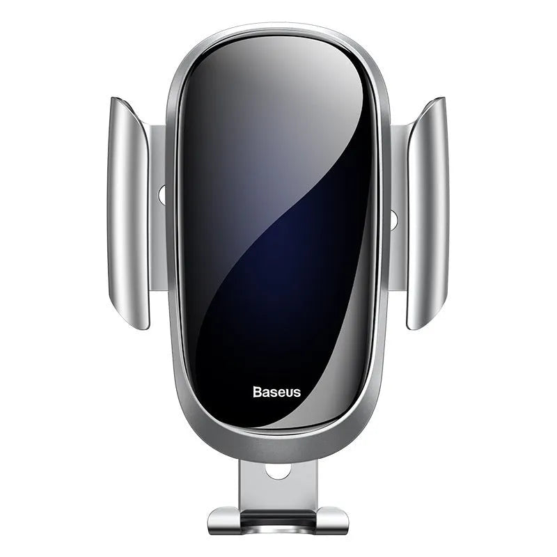 Universal car phone bracket in black mounted on a vehicle dashboard