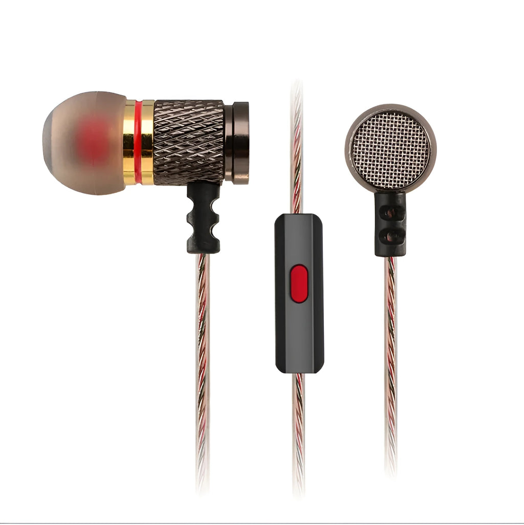 Wired in-ear headphones with metal subwoofer, 3.5mm L-bend plug, and 1.2 metre silicone cable