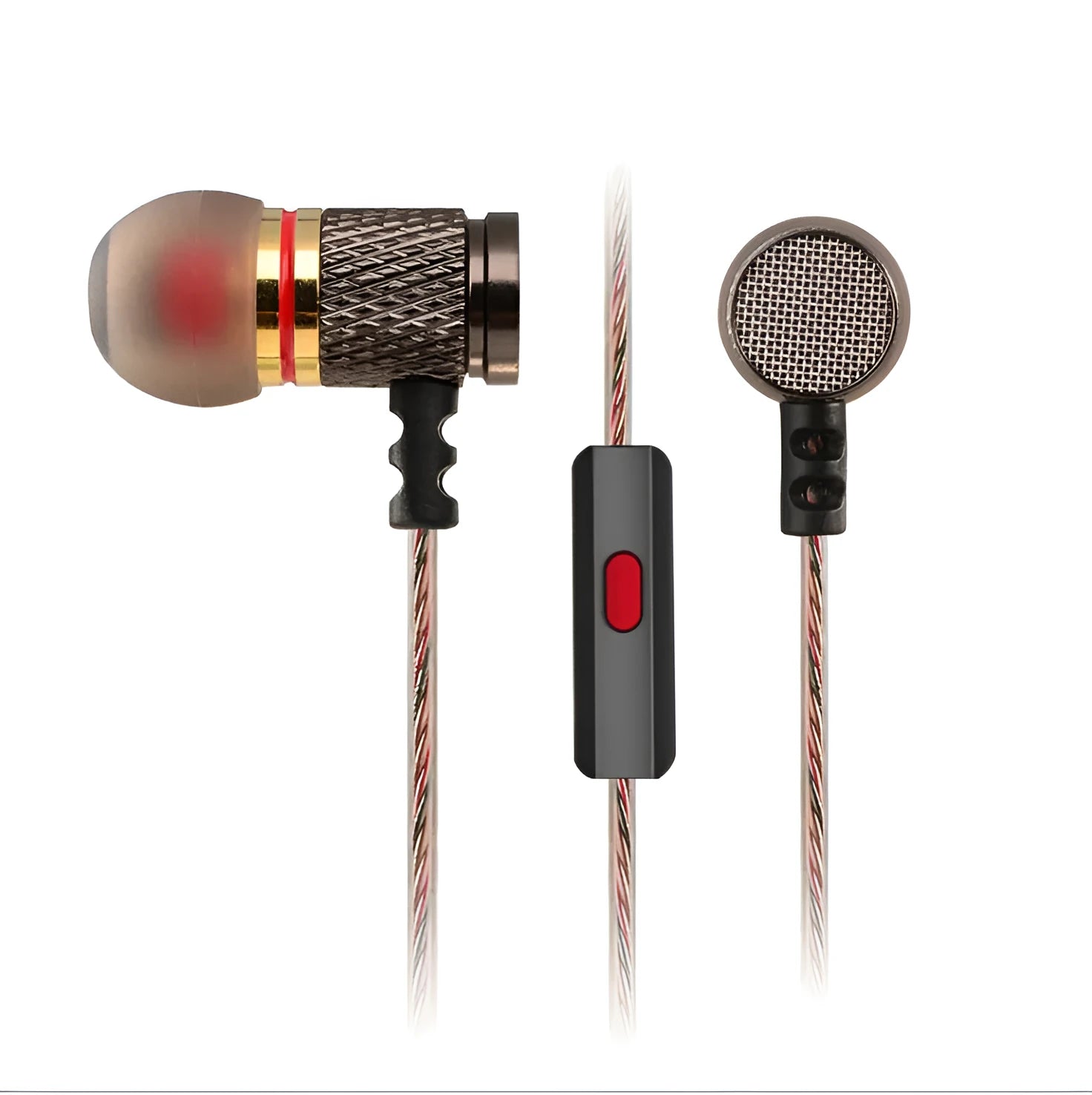 Wired in-ear headphones with metal subwoofer, 3.5mm L-bend plug, and 1.2 metre silicone cable
