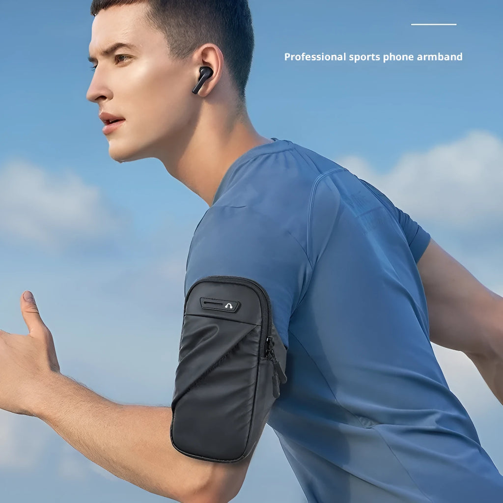 Outdoor cycling arm sleeve phone pouch in black holding a 7.2 inch phone on a cyclist's arm