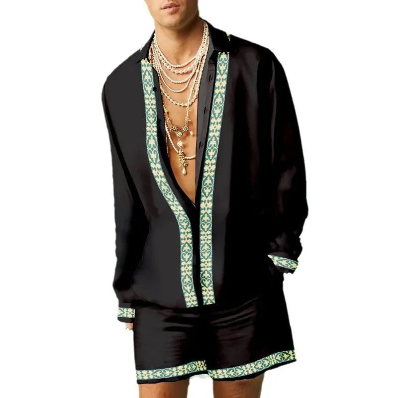 Men's slim fit summer shirt and shorts set in colour-block pattern.