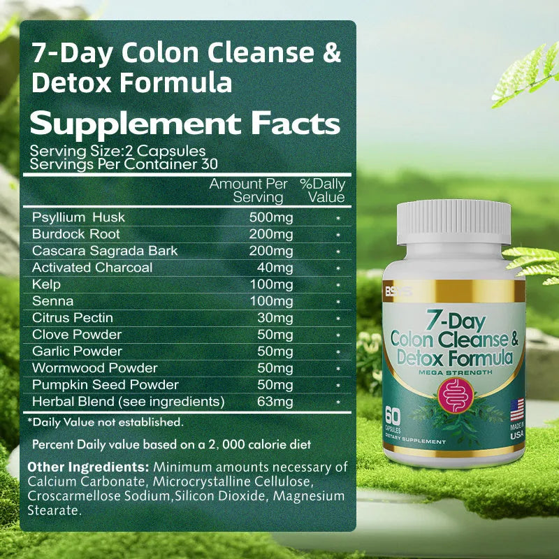 Bottle of 7-day colon cleanse and detox formula capsules for digestive wellness