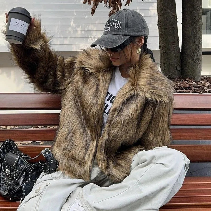 A woman's short-length artificial fur coat with a faux fur collar in a plush grey Maojian tea colour.