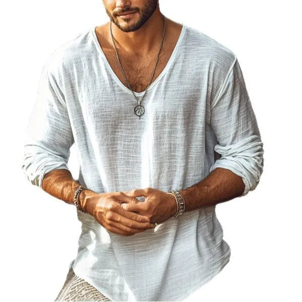 Beige long-sleeved V-neck slim fit t-shirt on a hanger.