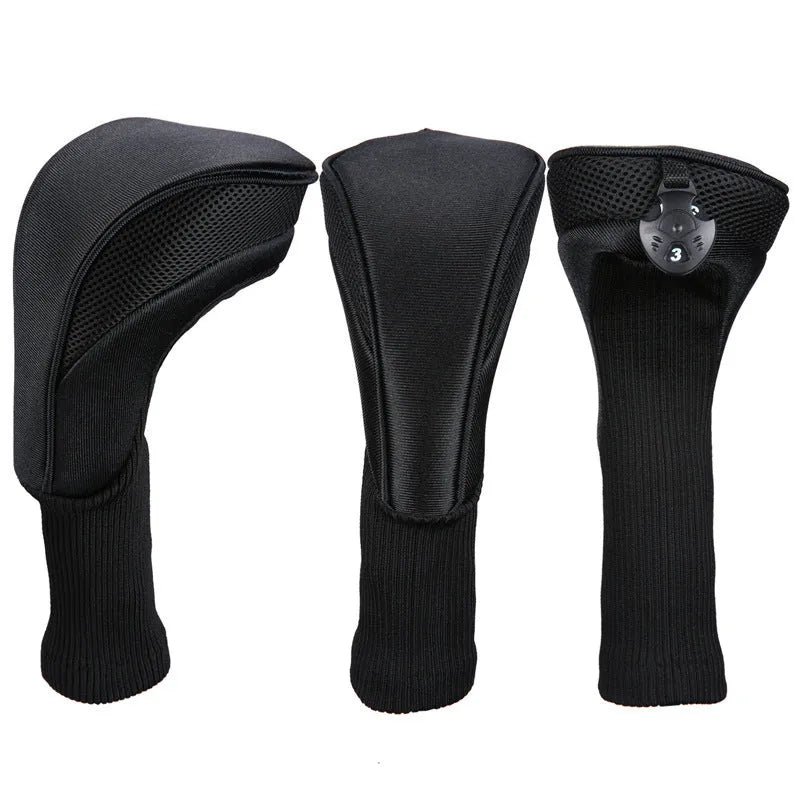 Set of six fabric golf club covers in black, blue, red, and two-tone stripes for driver and fairway wood protection