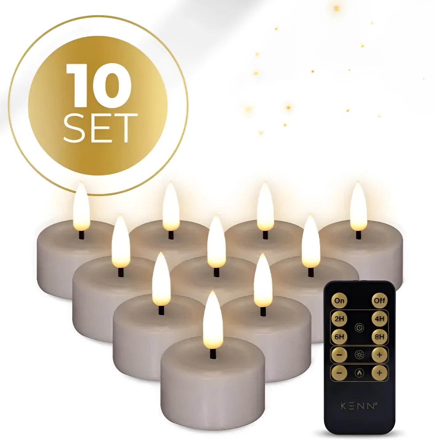 Taupe S10 3D flame LED tealight candles showing realistic flickering light effect.
