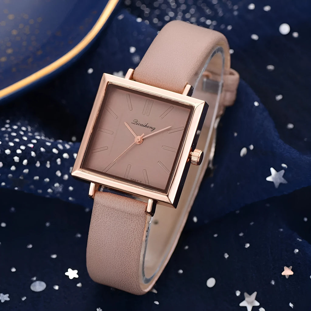 Square women leather crystal quartz wrist watch with glass dial in multiple colours