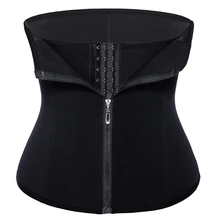 Black zipped neoprene corset body shaper with three-breasted belt and buckle for waist and hip shaping
