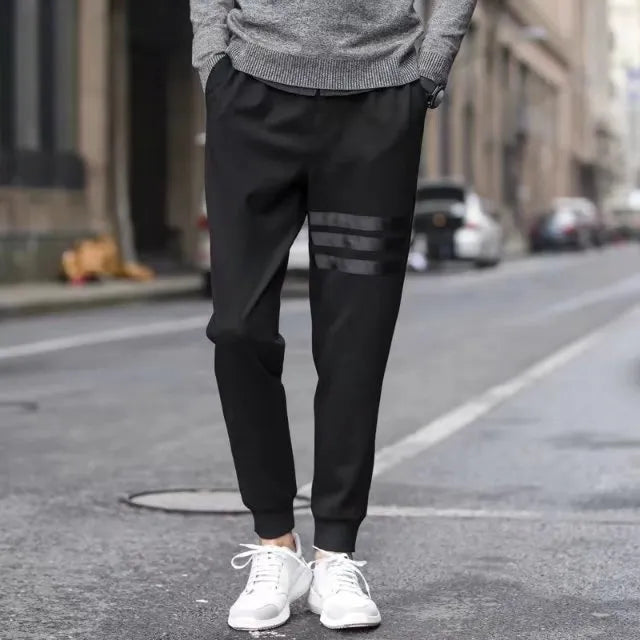 Men's black sweatpants with triple lines, slim fit, drawstring waist, sizes S-5XL