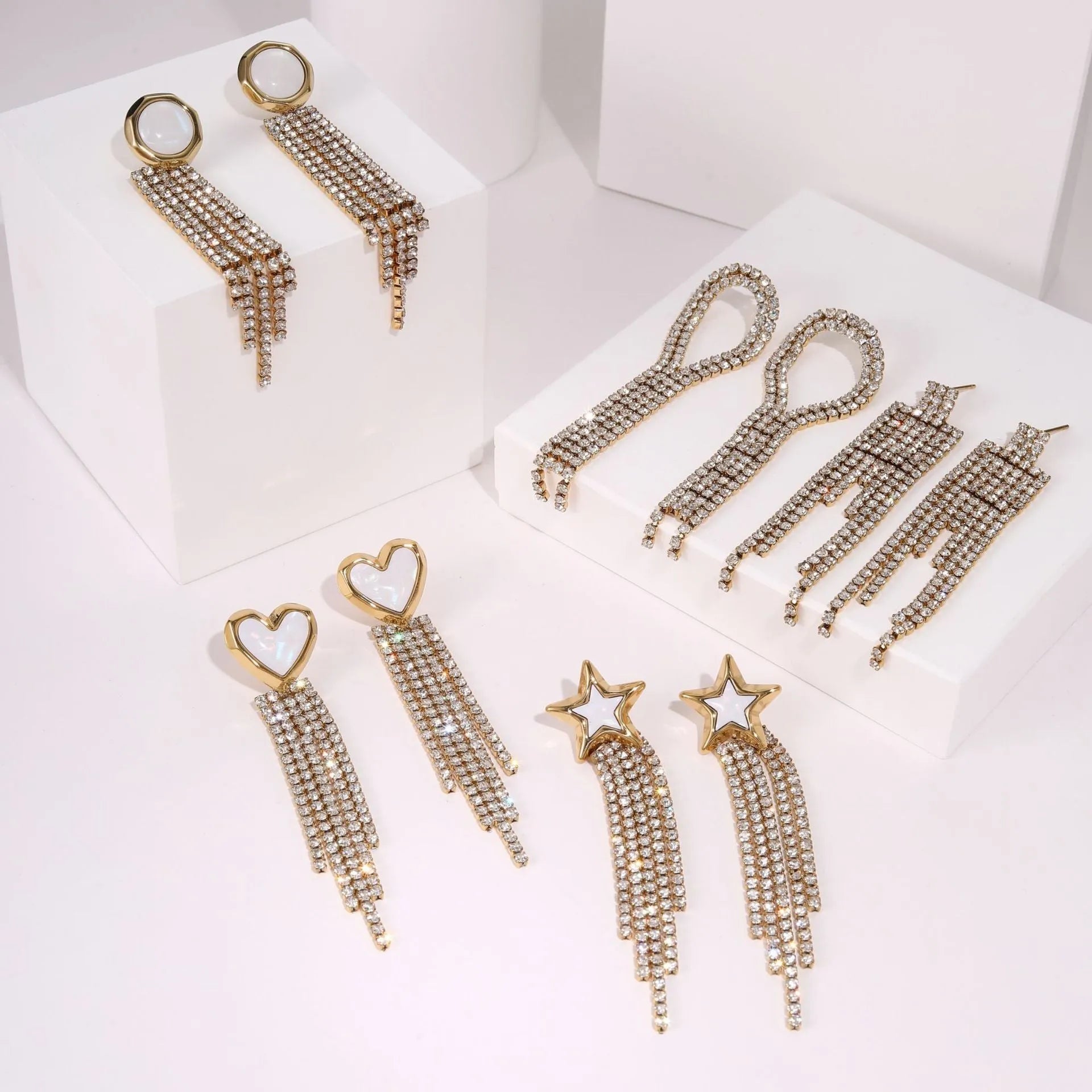 Stainless steel electroplated earrings with diamond tassel, heart shapes and five-pointed star geometric design