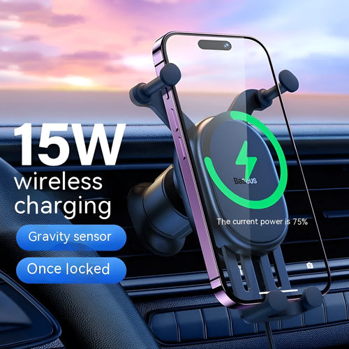 Car phone holder wireless charger with gravity sensor anti-shake design in black on a dashboard