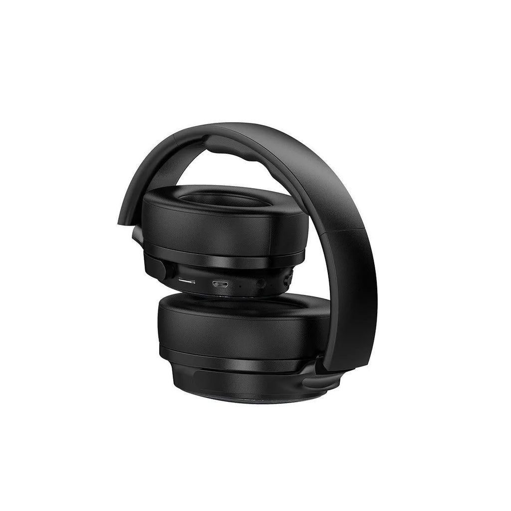 Black foldable wireless Bluetooth 5.0 over-ear headset with 250mAh battery, 15-hour playtime and wired mode