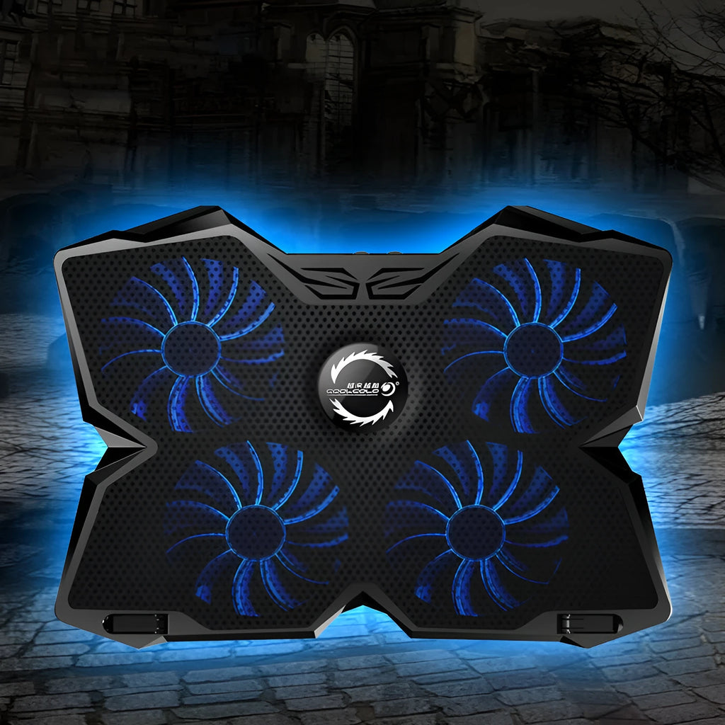 Blue laptop cooling base with four LED fans and two USB ports on a desk.