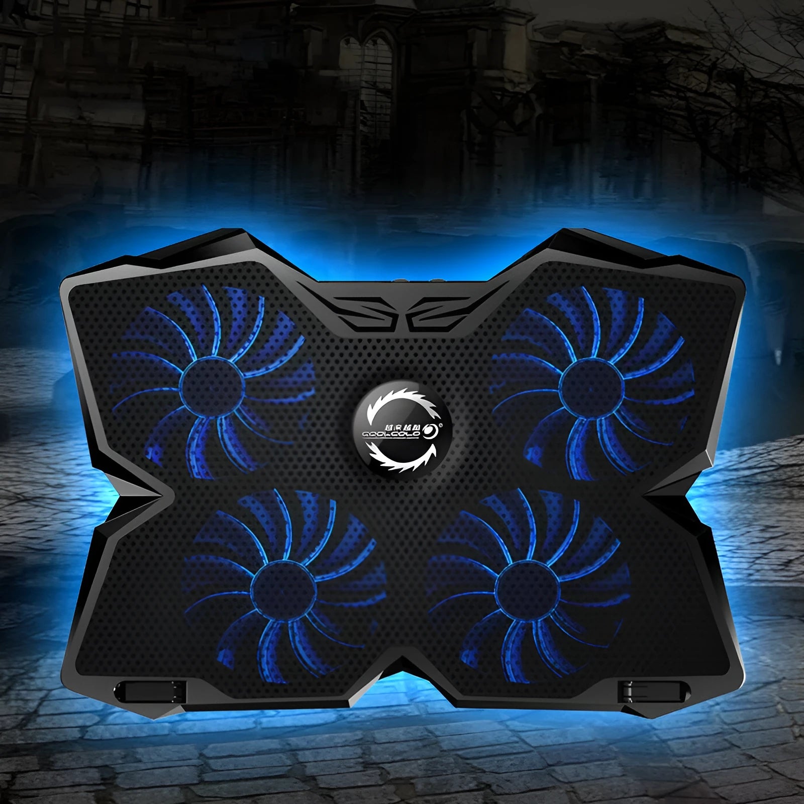 Blue laptop cooling base with four LED fans and two USB ports on a desk.