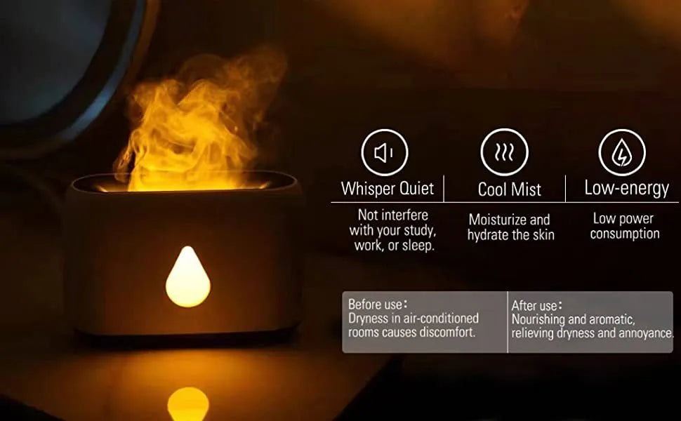 Two-colour 3D flame aroma diffuser humidifier on desk with USB cable, black and white options