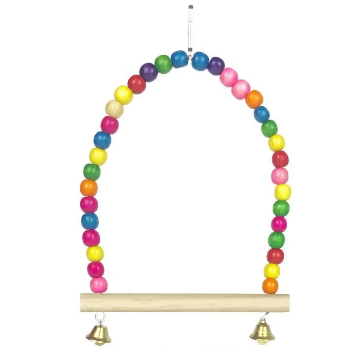 Qianyun small wooden bird swing with coloured beads and two bells, 10cm x 1.4cm x 15cm, hanging cage toy for parrots