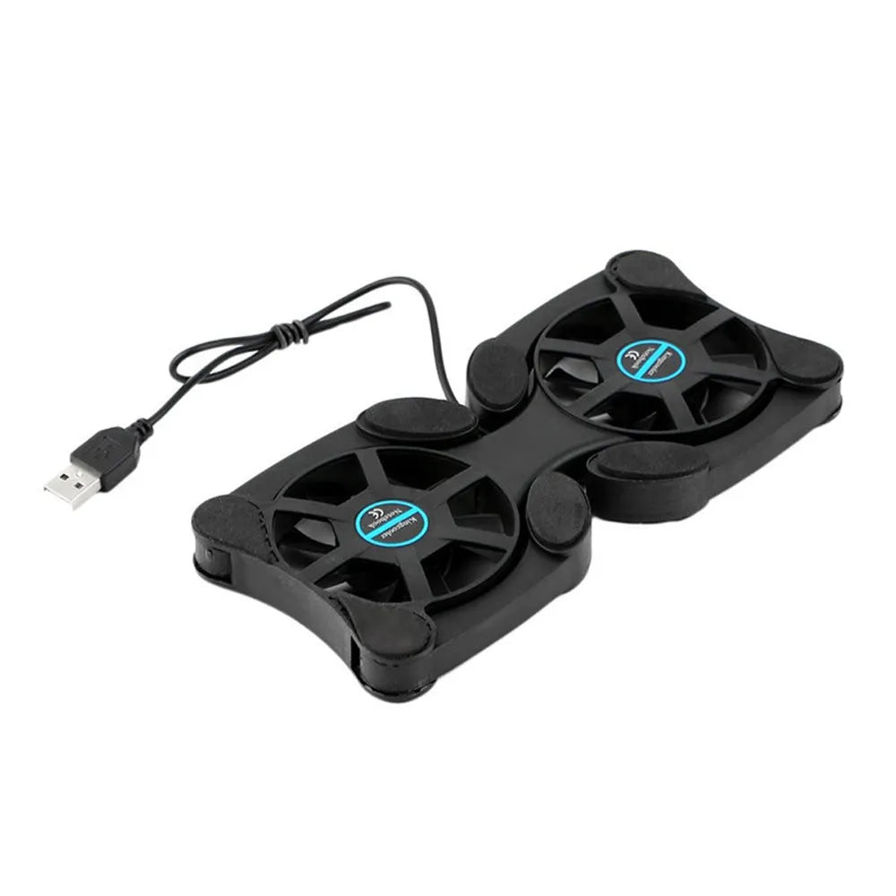 Black portable folding laptop cooler with dual 70mm fans and anti-slip pad