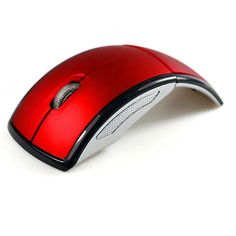 Wireless foldable mouse in black with compact design, 2.4GHz receiver, and 1600CPI optical sensor