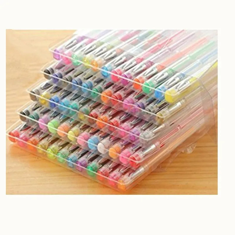 Set of 100 assorted colour gel pens with plastic bodies, shown with 0.5mm and 1.0mm tips.