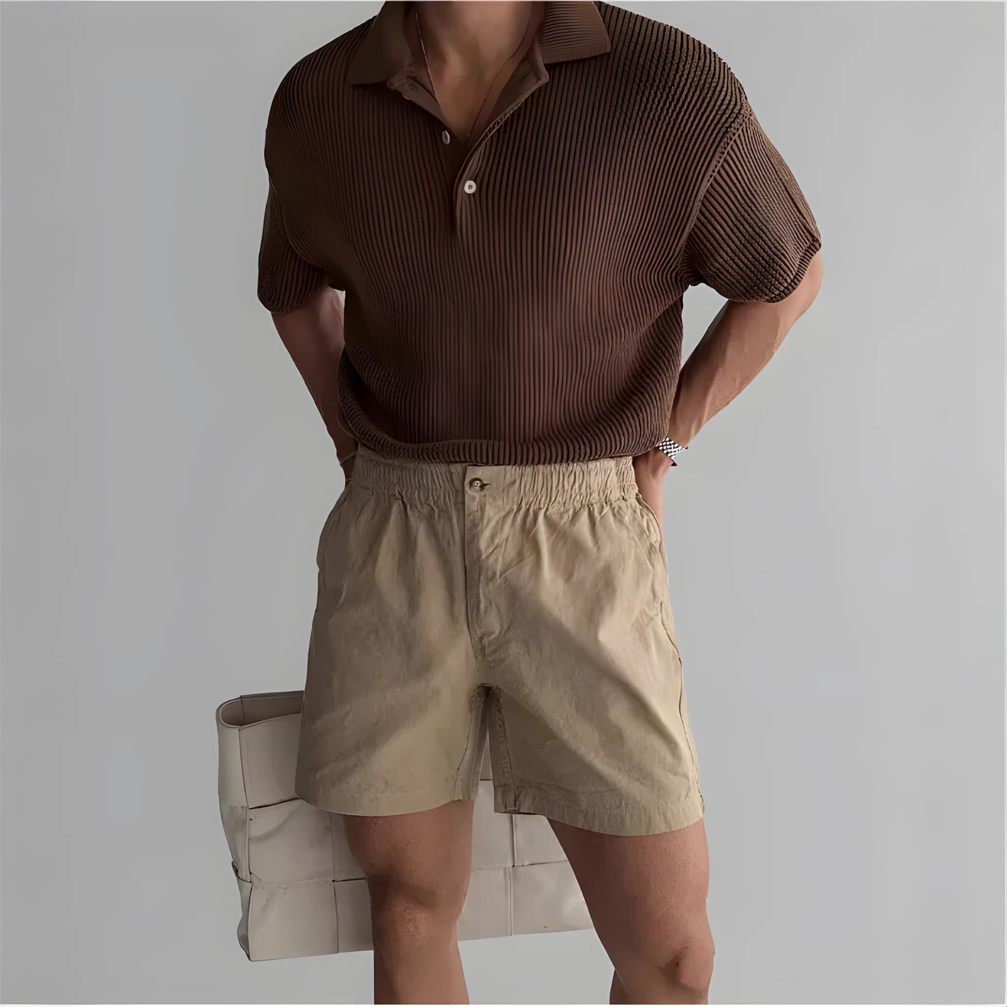 Men's cotton sports shorts in loose fit style available in black, white, and khaki colours
