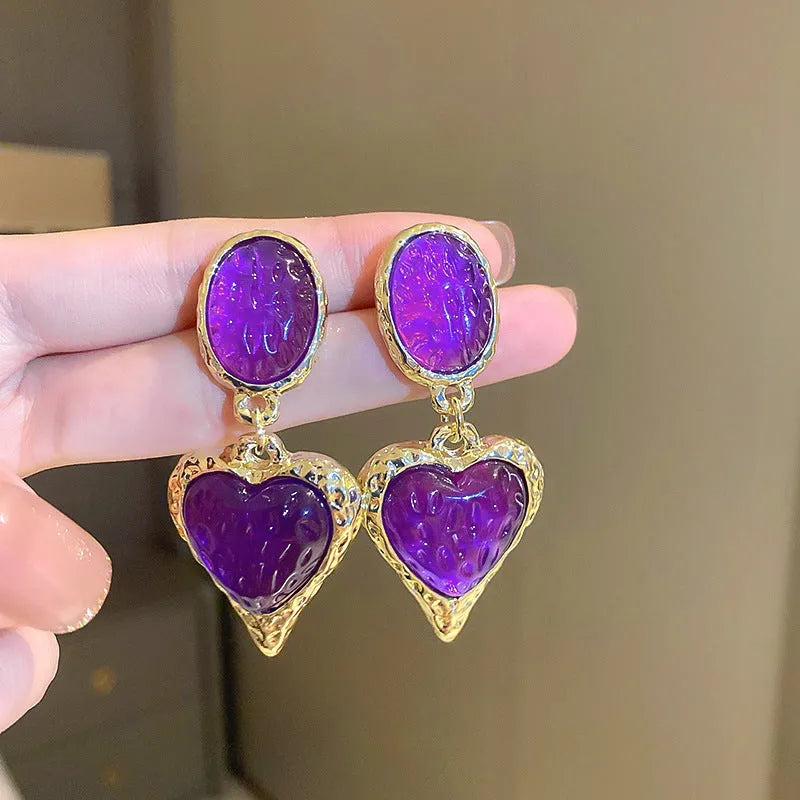 Silver needle pleated oval love heart stud earrings in alloy with purple, red, green, and yellow white colour options