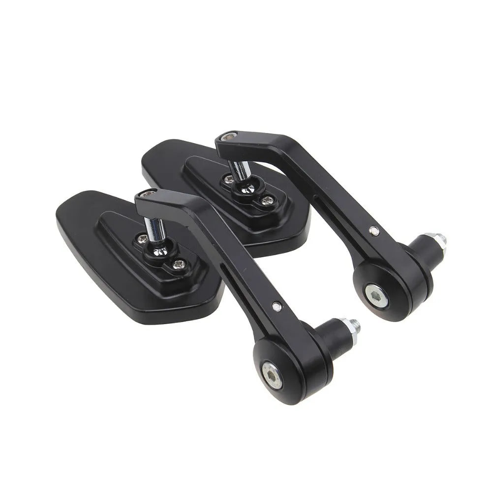 Pair of diamond-shaped aluminium motorcycle rearview mirrors with blue heslan glass on black plug fittings