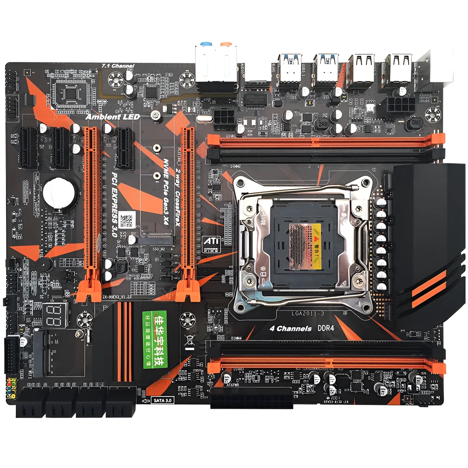 Black X99 motherboard with LGA2011-3 socket, four DDR4 slots, dual PCI-E x16, and multiple expansion ports