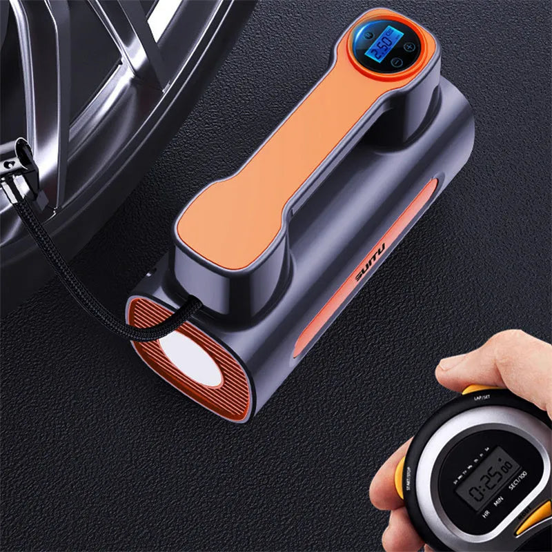 Cordless tyre inflator with digital display and LED light charging via USB