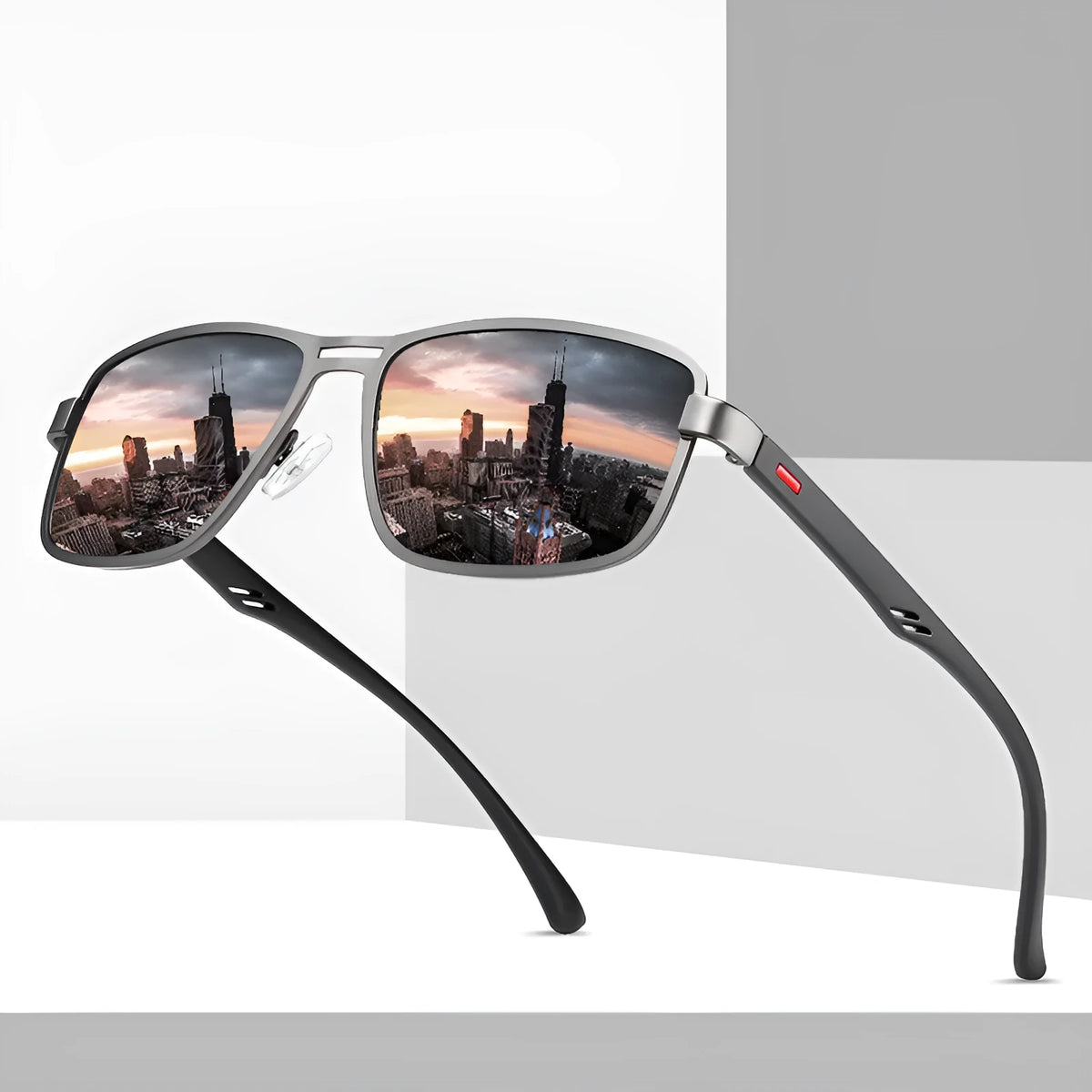 Men's polarized sunglasses with TR90 frame, TAC lenses, UV400 protection, available in black, green, gun colour, and tea.