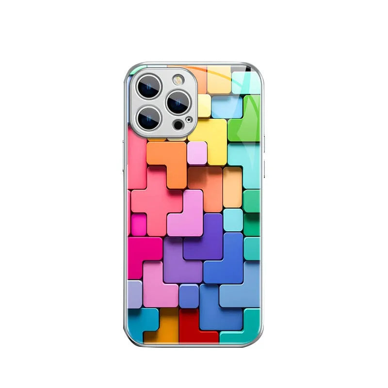 Silicone iPhone case with geometric cartoon pattern on back, shown in black glass colour option