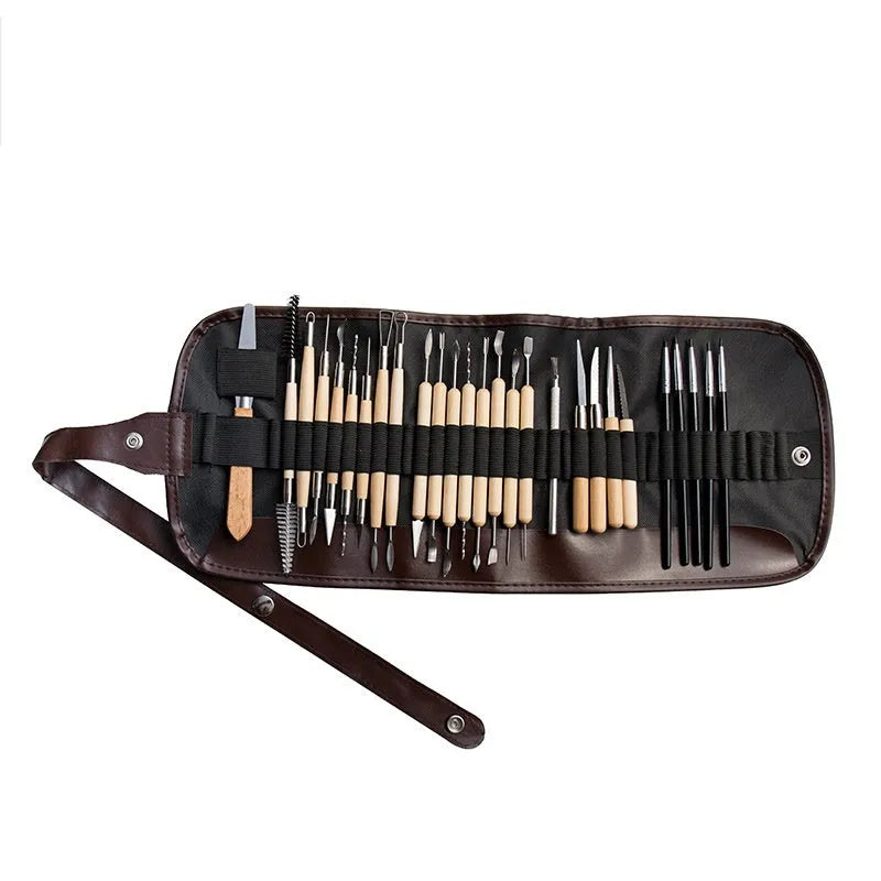 Brown 27-piece pottery tool set with stainless steel, wood, and plastic tools for clay sculpting