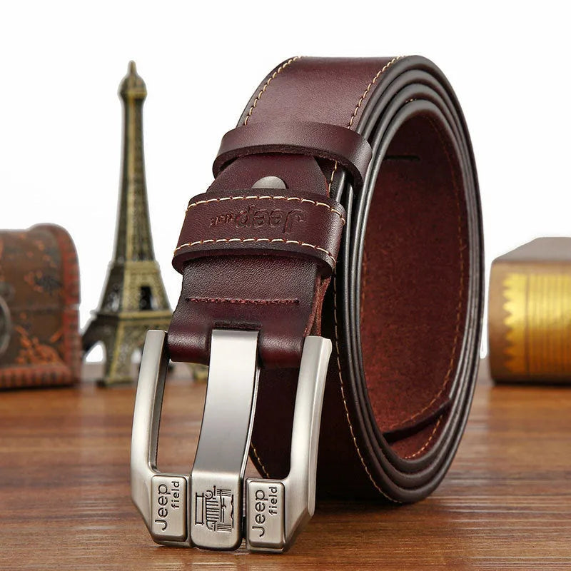 Men's leather belt with two-layer cowhide strap, alloy rectangular pin buckle and car suture detail
