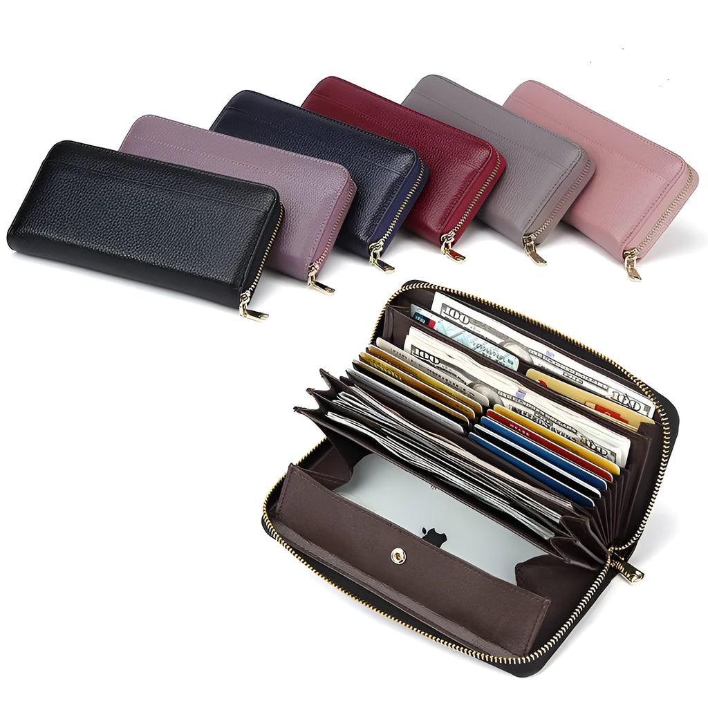 Long genuine leather women's wallet in a choice of colours, shown open to display multiple card slots and a large main compartment.