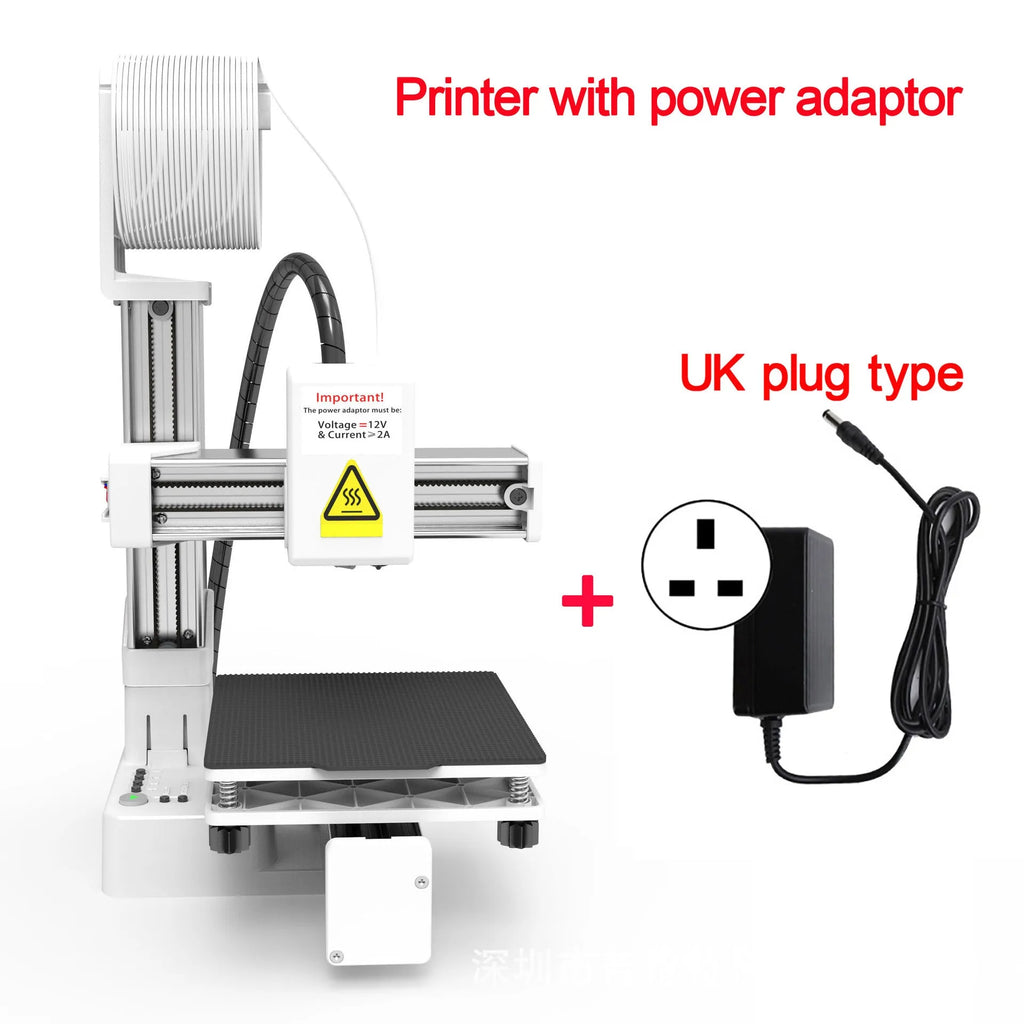 White EasyThreed K10 desktop 3D printer with power adapter for TPU and PLA filament.