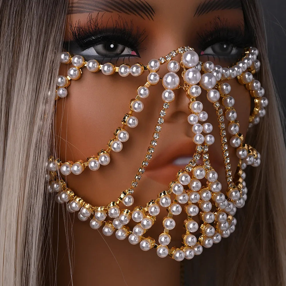 Geometric alloy rhinestone mask with electroplated silver finish and patchwork decoration