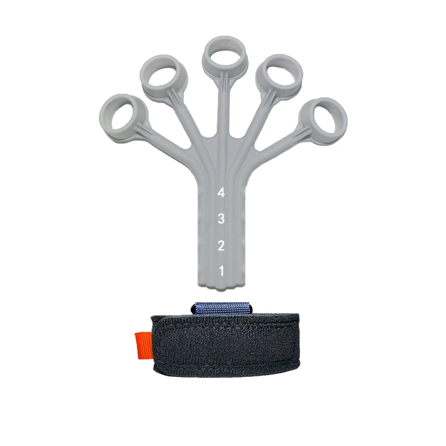 Silicone finger flexion and extension rehabilitation trainer with adjustable strap in black or grey.