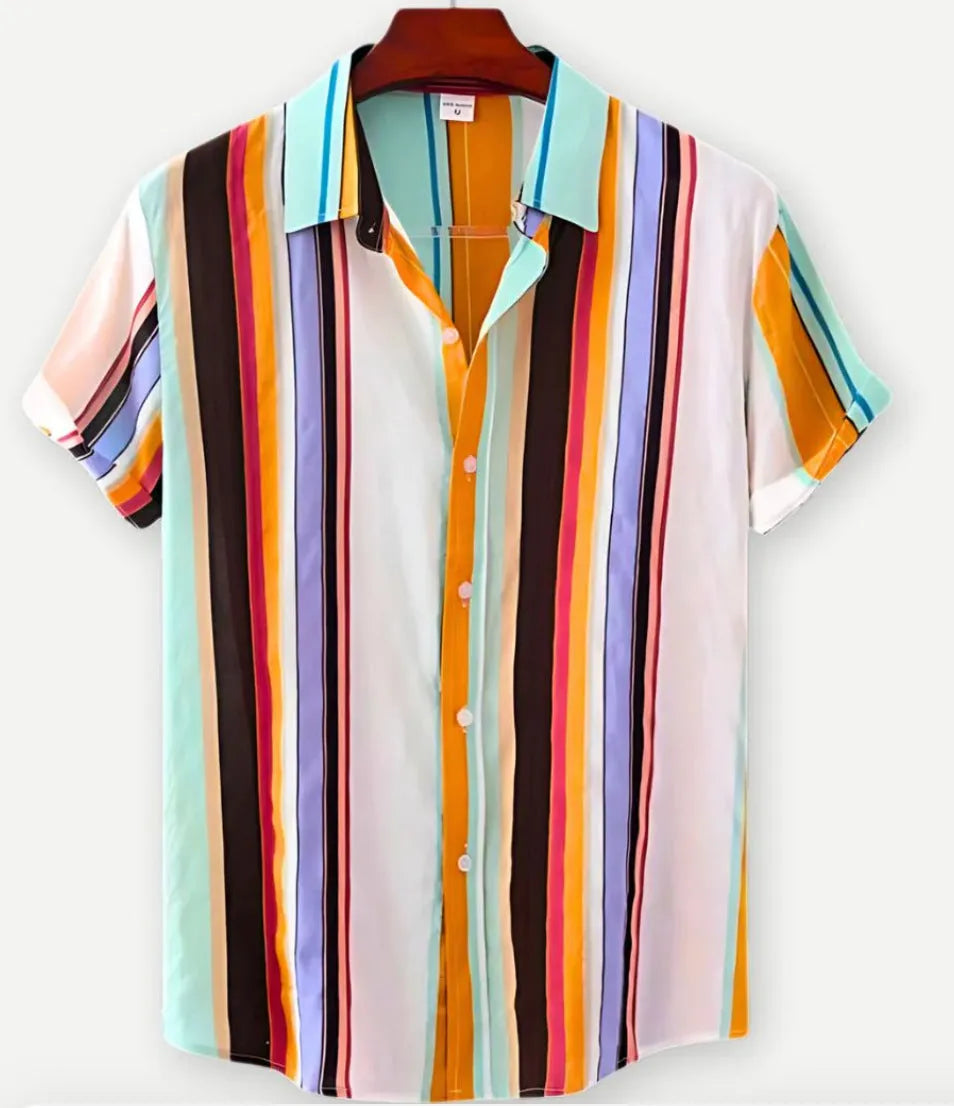Man's short sleeve Hawaiian floral print shirt with a cardigan lapel, shown in one of 17 available colours.