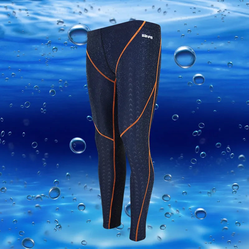 Men's black nylon cropped swimming trunks with mesh lining and contrasting coloured lines