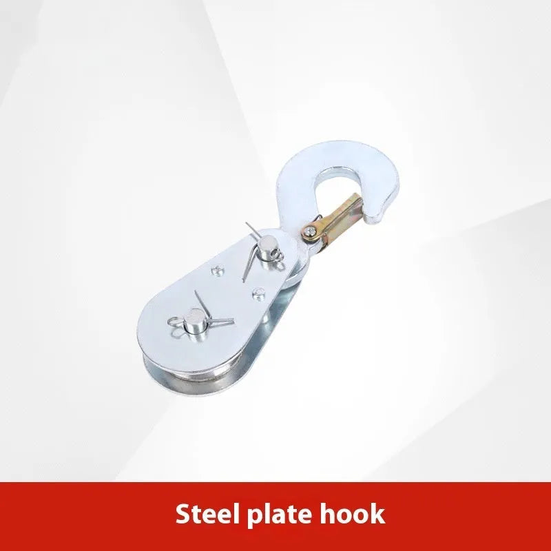 Red industrial lifting pulley with safety latch and forged steel construction