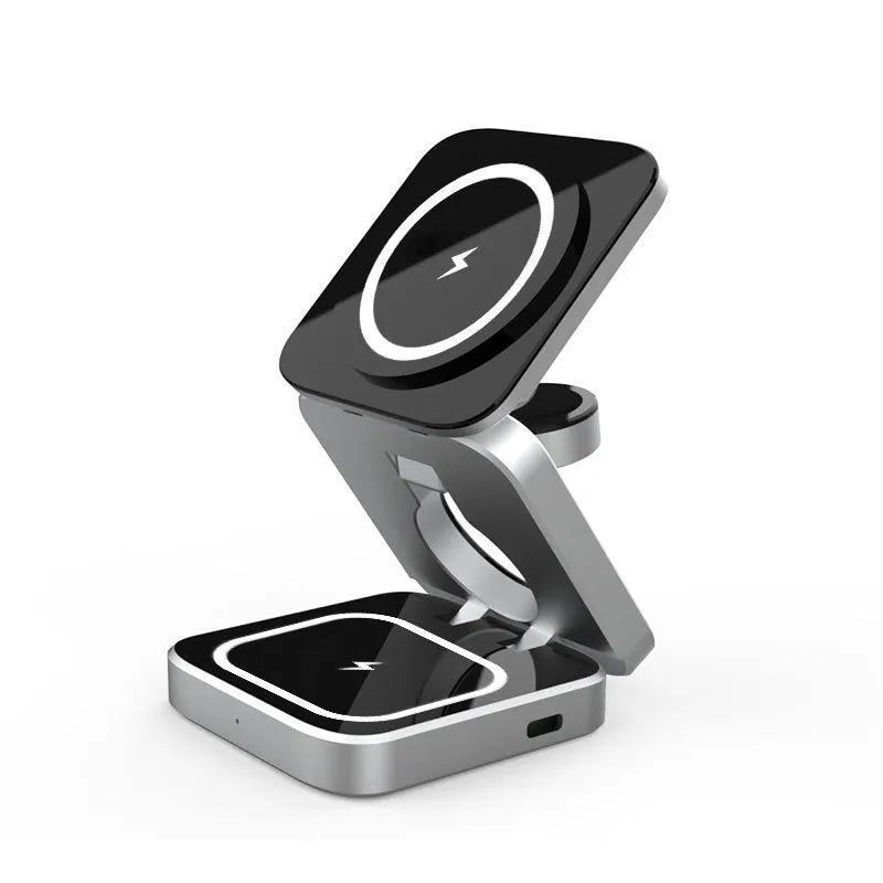 Three-in-one desktop wireless charging bracket showing iPhone, Samsung phone, and Pixel Watch charging simultaneously