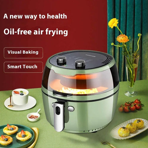 Mechanical button air fryer oven with glass viewing window and 8-litre capacity on kitchen counter